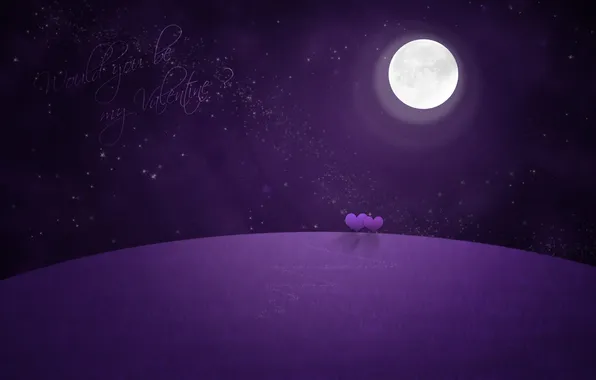 Луна, романтика, звёзды, сердца, valentine, фиолетовая планета