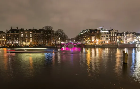 Ночь, город, река, фото, дома, Нидерланды, Amsterdam