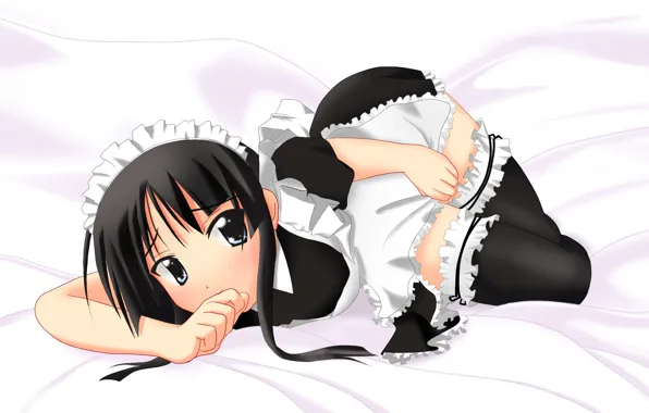 Горничная, фартук, оборки, Akiyama Mio, Легкая музыка, K-on!, лежит на постели