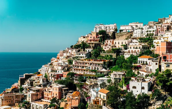 Картинка sea, ocean, Italy, Campania, houses, Amalfi Coast, Salerno, sunny