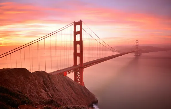 Картинка небо, облака, закат, мост, залив, Сан-Франциско, Золотые ворота