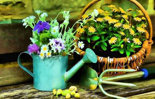 Картинка Цветы, Рисунок, Корзина, Арт, Art, Flowers, Still Life