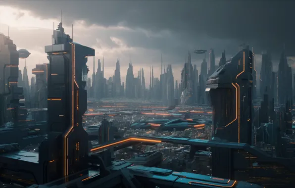 Облака, жизнь, city, город, будущее, фантастика, здания, future