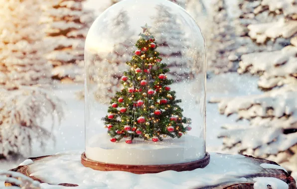 Шарики, снег, елка, ёлка, winter, snow, merry christmas, christmas tree