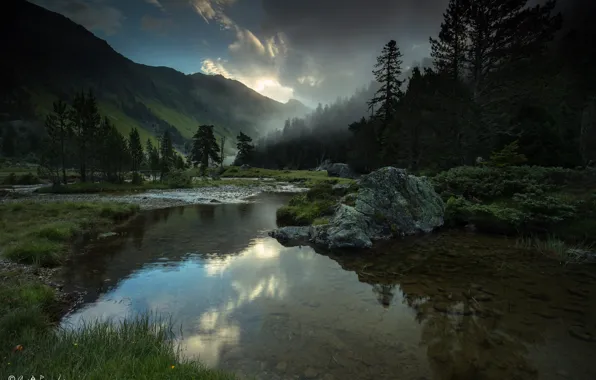 Картинка деревья, горы, природа, отражение, река, Agnеs Perrodon