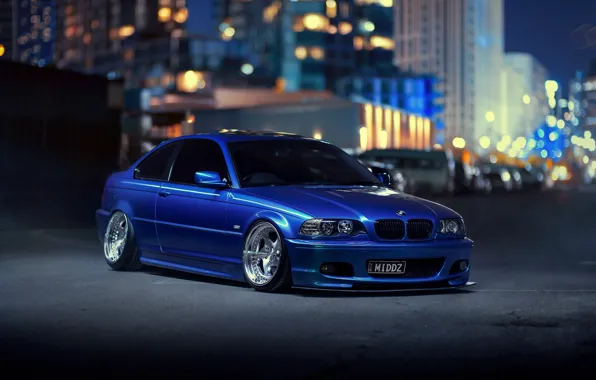 Картинка ночь, город, огни, BMW, blue, боке, E46, 3-Series