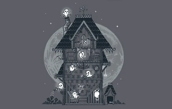 Дом, луна, приведения, призраки, хэллоуин