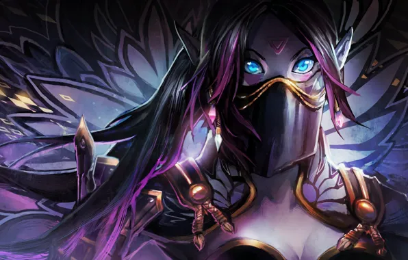 Картинка девушка, маска, арт, голубые глаза, Dota 2, Lanaya, Templar Assassin