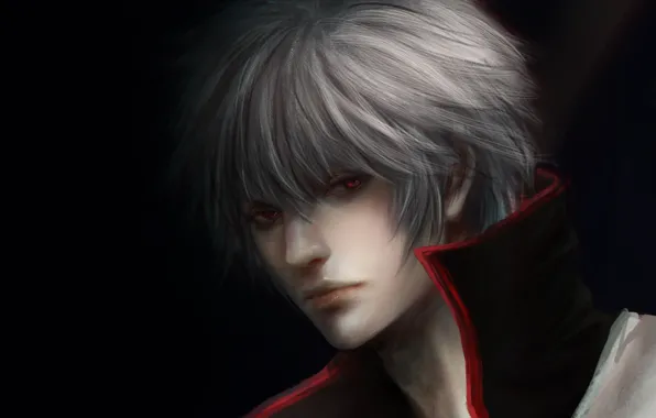 Картинка темный фон, парень, красные глаза, белые волосы, Gintama, Sakata Gintoki
