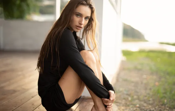 Hot girl, rocks, stones, outside, green grass, exotic, posing, black dress