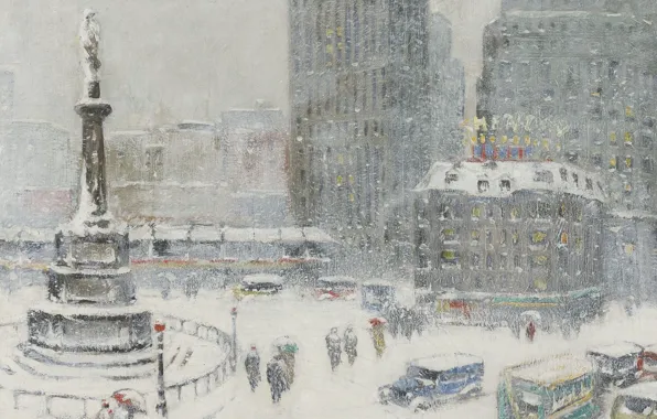 Зима, снег, картина, площадь, городской пейзаж, Guy Carleton Wiggins, Колумбус-Серкл