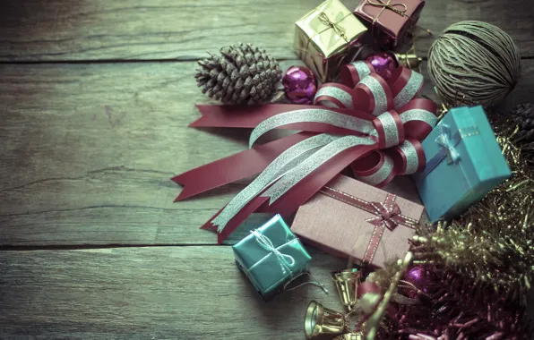 Картинка Новый Год, Рождество, подарки, мишура, шишка, merry christmas, decoration, gifts