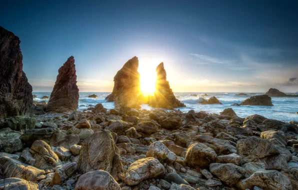 Картинка закат, камни, скалы, побережье, арка, Ирландия, Crohy Head Sea Arch