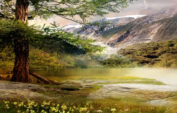 Картинка цветы, горы, природа, озеро, дерево