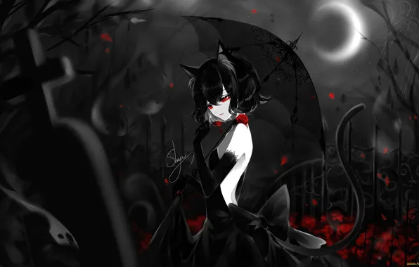 Кладбище, черное платье, красные глаза, надгробие, лунное затмение, черная кошка, neko girl, под зонтом