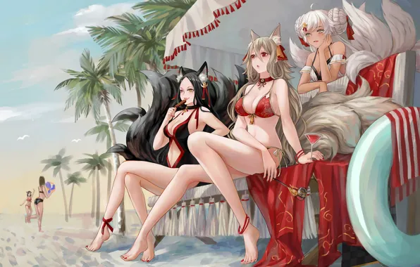 Sexy, cleavage, beach, long hair, girls, boobs, anime, beautiful