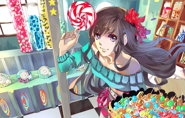 Картинка цветок, девушка, конфеты, сладости, candy, Aiki-ame
