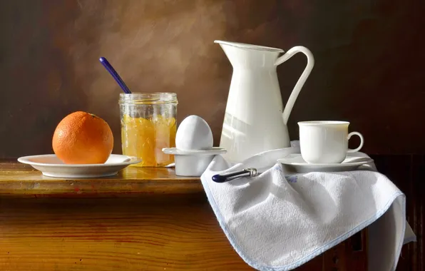 Картинка стол, фон, яйцо, апельсин, нож, чашка, посуда, кувшин
