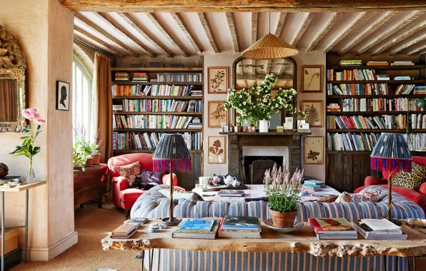 Дизайн, стиль, интерьер, камин, библиотека, гостиная, England home
