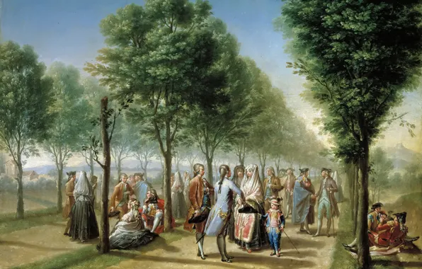 Картинка деревья, люди, картина, аллея, жанровая, Франсиско Байеу и Субиас, Прогулка в Мадридском Парке