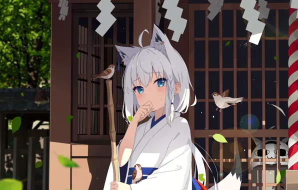 Девушка, воробей, храм, ушки, виртуальный ютубер Hololive, Holo no Graffiti, Fubuki Shirakami