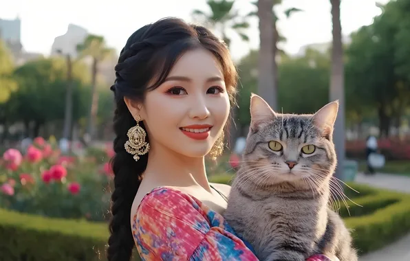 Кот, серьги, коса, китаянка, азиатка, волосы длинные
