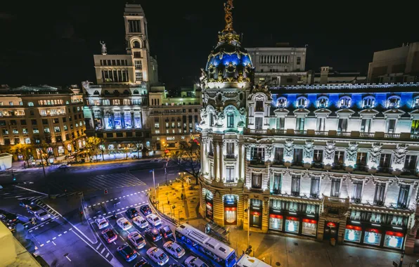 Картинка дорога, авто, машины, здания, перекрёсток, ночной город, Spain, Madrid