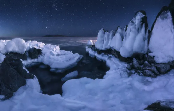 Картинка зима, море, небо, снег, пейзаж, ночь, природа, скалы
