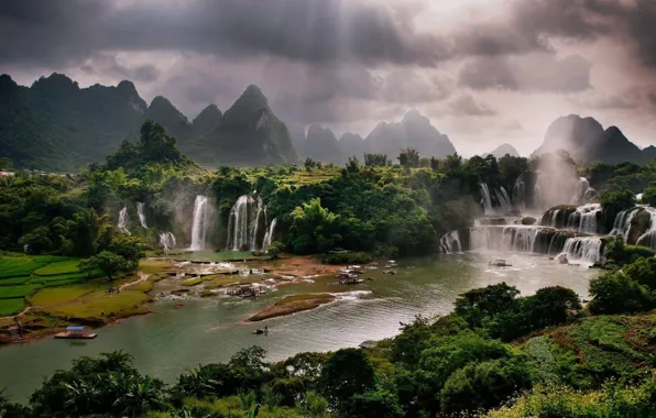 Картинка речка, водопады, Вьетнам, river, Vietnam, waterfalls, солнечный луч, sunbeams