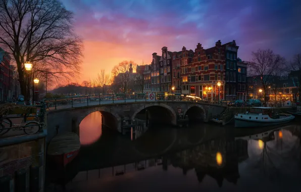 Город, утро, Амстердам, Нидерланды, Голландия