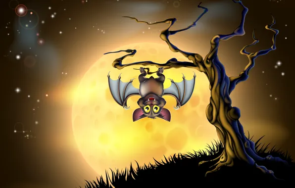Bat, halloween, жуткий, creepy, full moon, Хэллоуин, страшно, tree