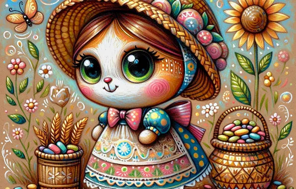Кошка, глаза, взгляд, подсолнухи, узоры, стилизация, платье, киска