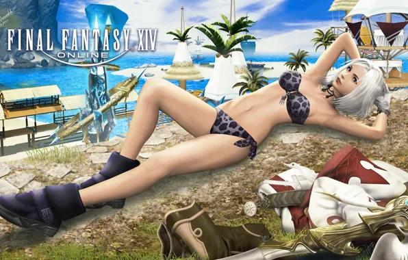 Пляж, девушка, арт, final fantasy, karina, Final Fantasy XIV Online