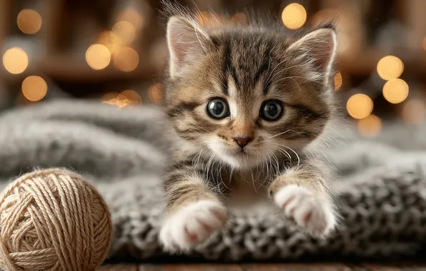 Кошка, взгляд, клубок, огни, поза, котенок, серый, прыжок