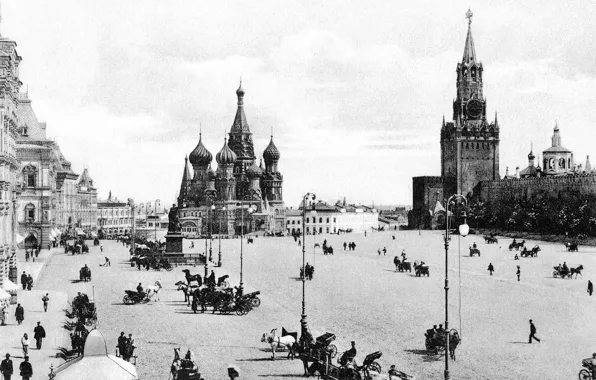 Картинка кремль, красная площадь, чёрно-белая фотография, гум, старая москва, дореволюционная россия, москва 19 век, дореволюционная москва