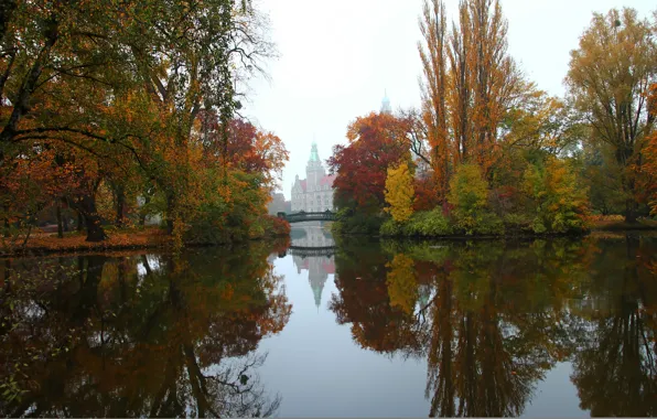 Осень, небо, листья, вода, деревья, пейзаж, отражение, река