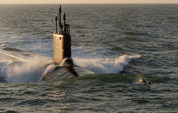 Волны, океан, лодка, дельфины, США, подводная, ВМС, submarine