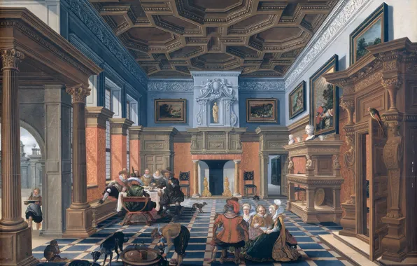 Масло, картина, 1624, Компания в интерьере, Bartholomeus van Bassen, Варфоломей ван Бассен