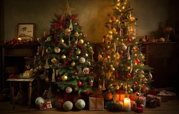 Картинка зима, украшения, комната, шары, елка, интерьер, Новый Год, Рождество