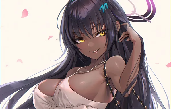 Girl, sexy, cleavage, blouse, long hair, brown hair, boobs, anime