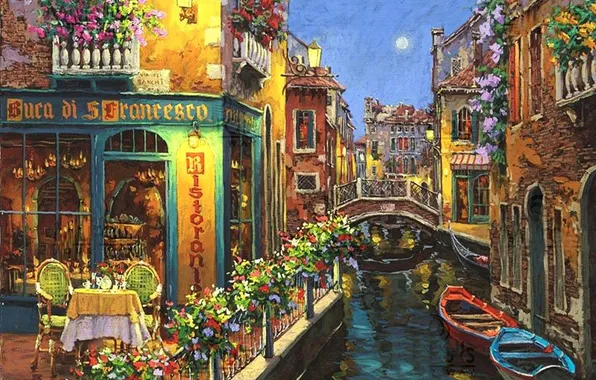 Вода, мост, город, рисунок, здания, картина, лодки, канал