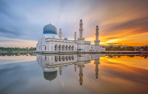 Картинка облака, отражение, утро, зеркало, Малайзия, Likas Бэй, города Кота-Кинабалу Мечеть, песок дороги