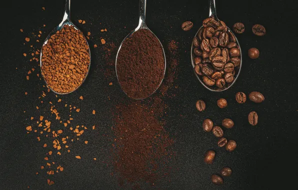 Кофе, зерна, черный фон, coffee, grains, black background, ложки, молотый