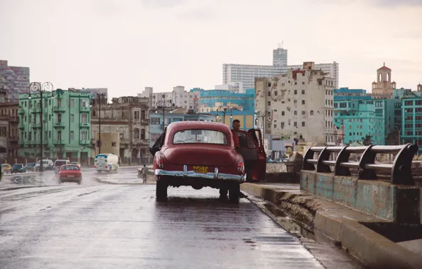 Car, bridge, street, Cuba, cityscape, cloudy, Havana, rainy
