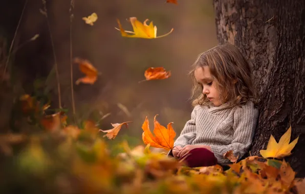 Картинка осень, листья, девочка, боке