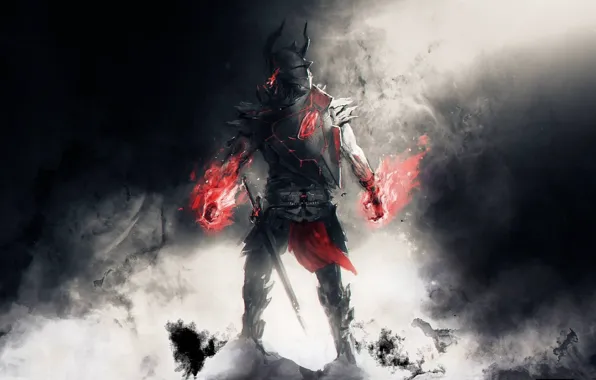 Пламя, дым, меч, доспехи, демон, рога, шлем, Warrior