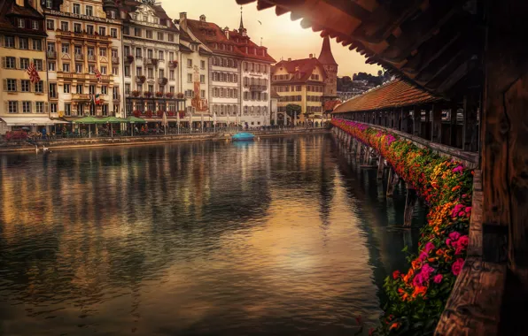 Цветы, мост, река, здания, Швейцария, набережная, Switzerland, Люцерн