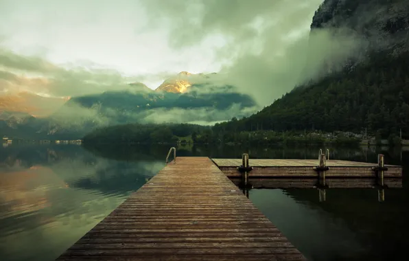 Облака, горы, озеро, пирс, mountains, clouds, lake, pier