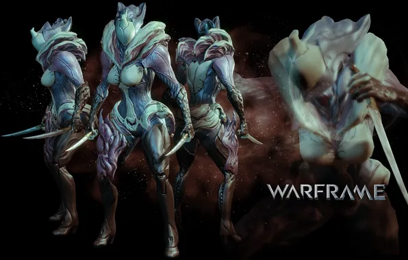 Существо, солдат, киборг, чёрный фон, персонаж, Warframe, вид с разных сторон