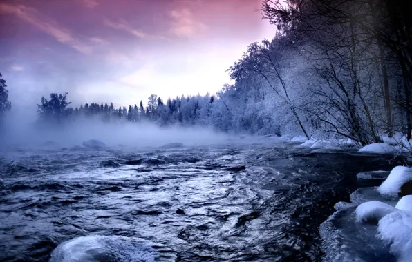 Картинка снег, река, Зима, пар